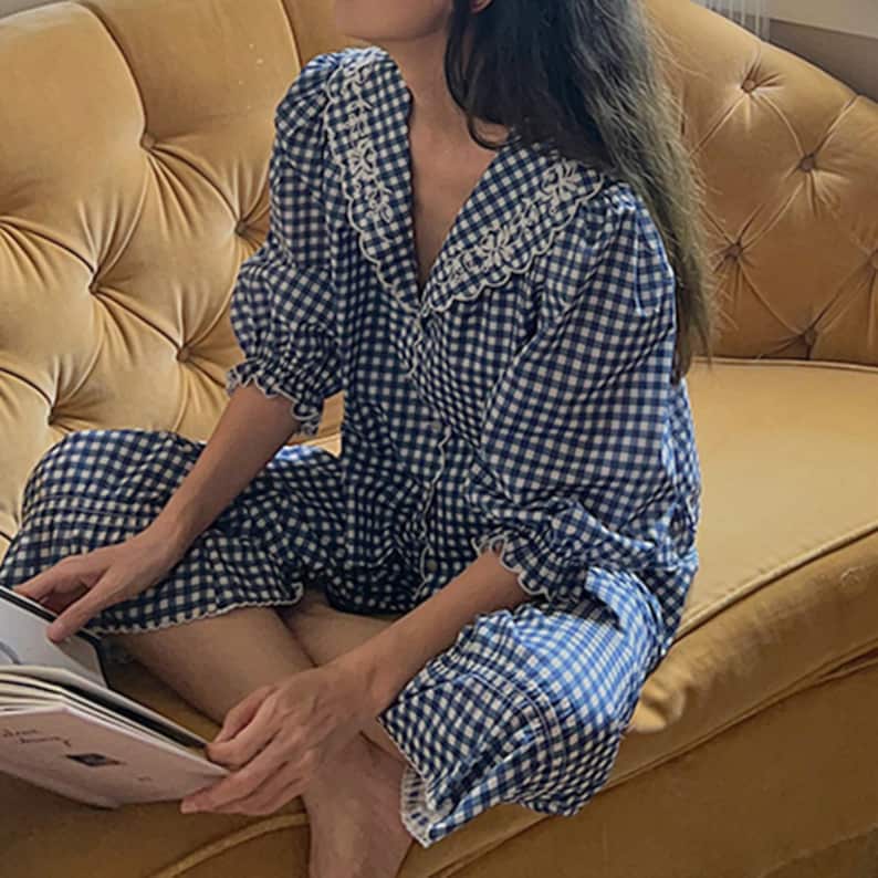 French Gingham Ruffle Lounge & Pajama Set